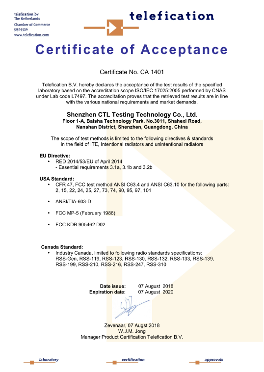 CA 1401 Certificate CTL 2018(图1)